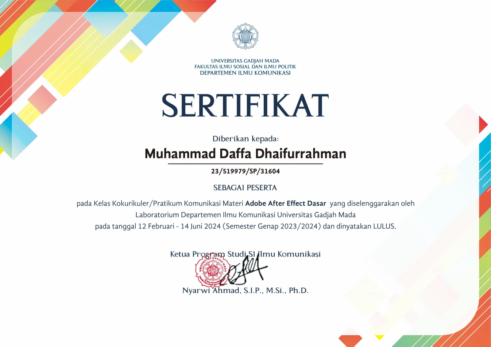 Adobe After Effects Basics certificate from Communication Studies UGM
