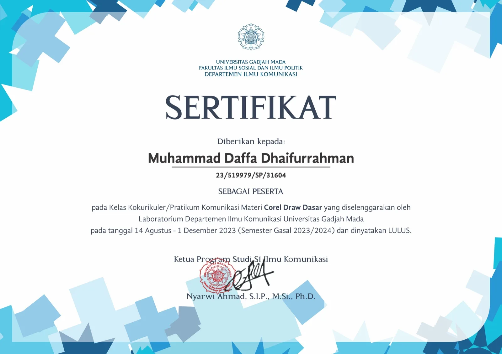 CorelDRAW Basics certificate from Communication Studies UGM