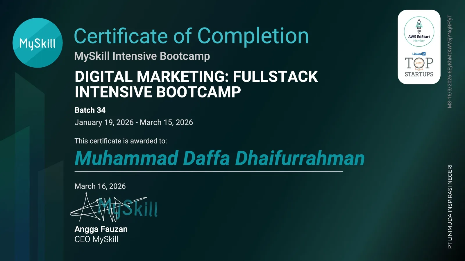 MySkill certificate of completion, Digital Marketing: Fullstack Intensive Bootcamp, Batch 34, awarded to Muhammad Daffa Dhaifurrahman