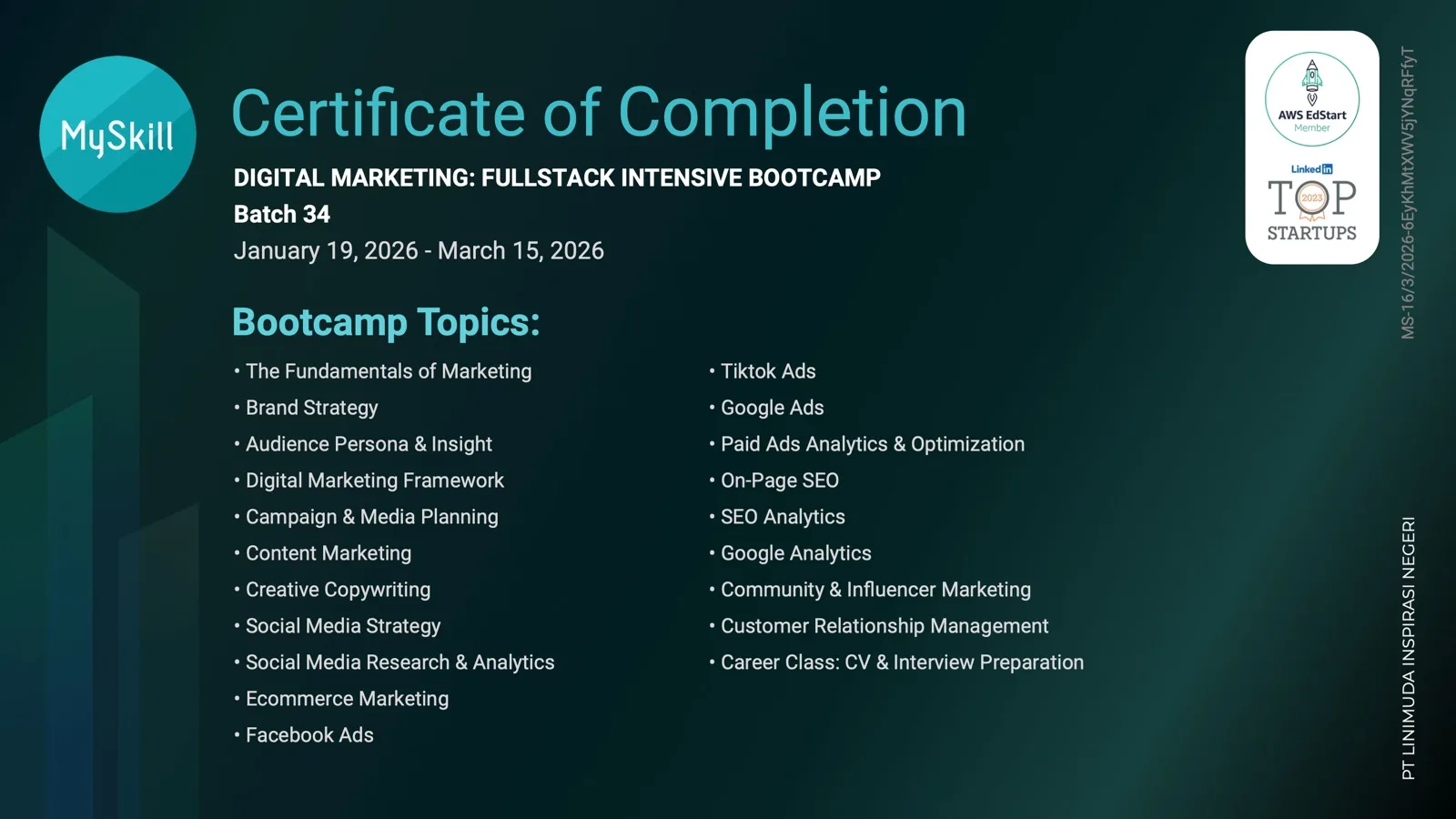 Second page of the MySkill certificate, listing the bootcamp topics from marketing fundamentals and brand strategy to paid ads, SEO and CRM