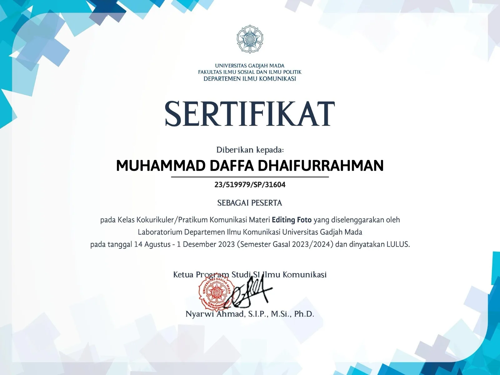 Photo Editing certificate from Communication Studies UGM